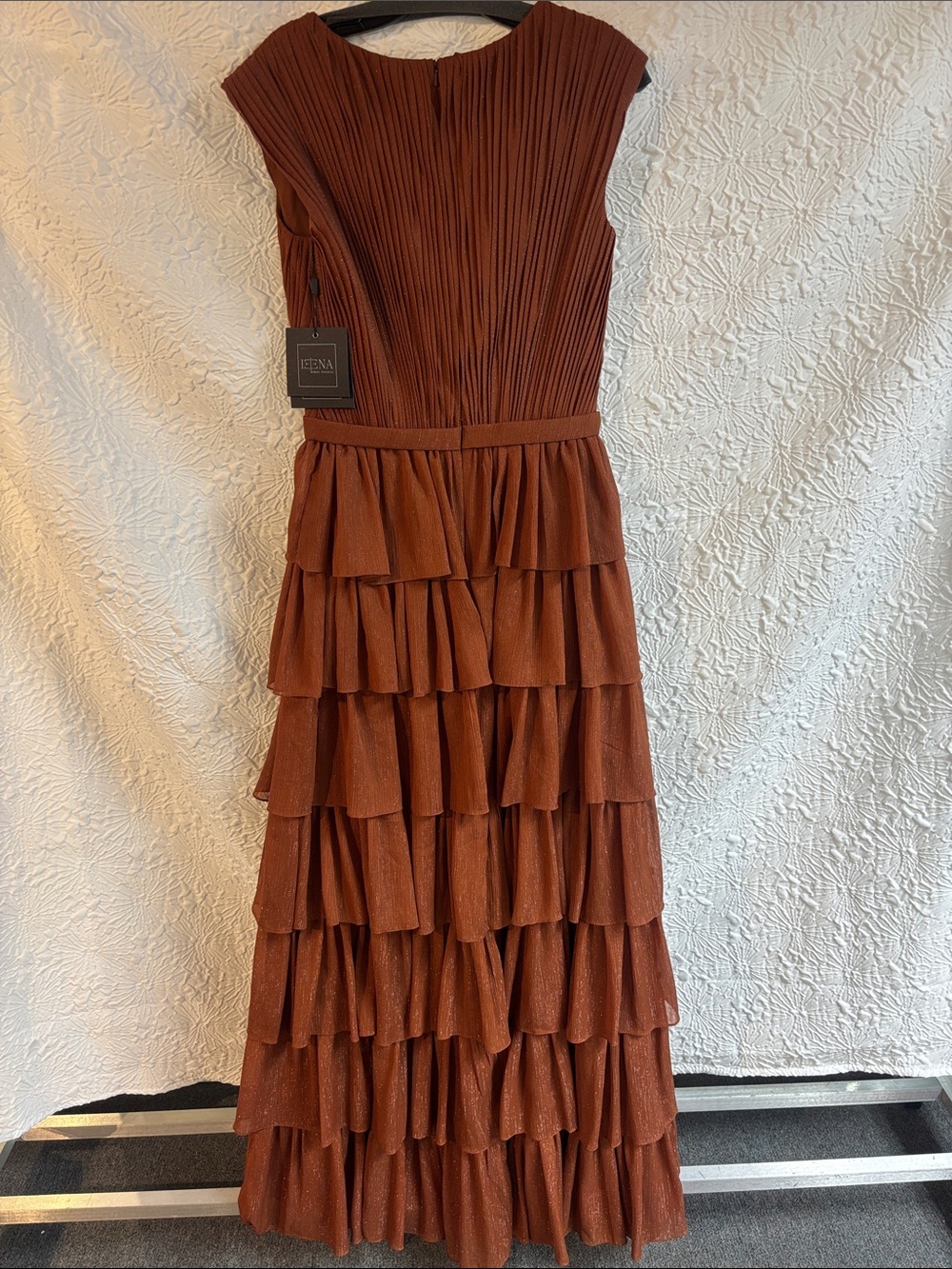Ieena for Mac Duggal 49287 Nutmeg Tiered V-Neck Maxi Gown - Picture 4 of 9